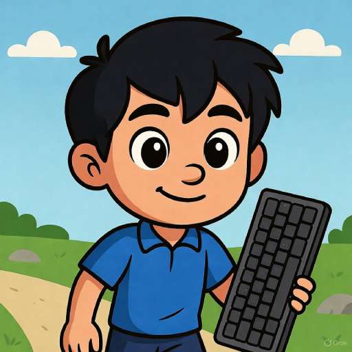 Alex the Adventurer free typing game for kids - cartoon boy holding keyboard walking on path