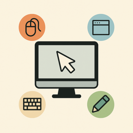 Flat illustration of a complete desktop computer with monitor, keyboard, and mouse, surrounded by simple icons representing beginner computer skills for children.