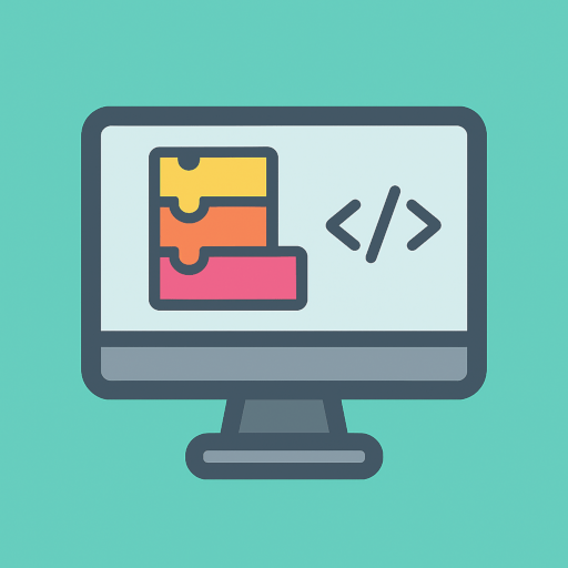 Flat icon of a computer monitor showing colorful coding blocks and a code symbol, representing coding lessons for children.