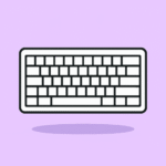 Computer keyboard illustration with bold black outlines on lavender background for Teach.Land computer parts slideshow