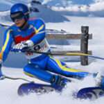 Kid playing Downhill Ski game dodging obstacles on snowy slope