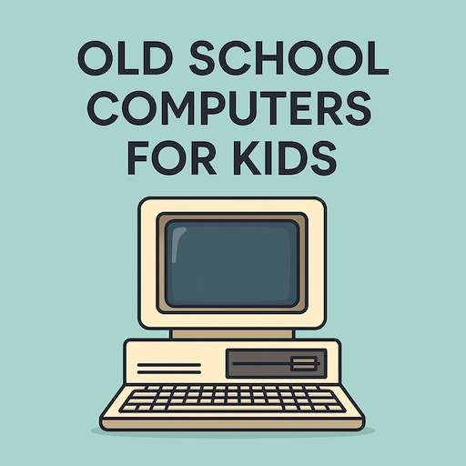 Flat illustration of old school computers for kids showing a beige monitor and keyboard on a turquoise background.