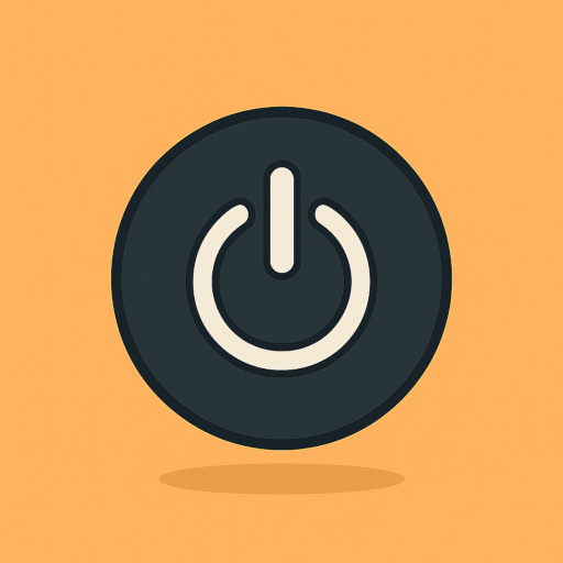 Power button illustration inside a dark circular button on soft orange background for Teach.Land computer parts slideshow