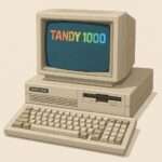 Tandy 1000 vintage computer from the 1980s with beige monitor, system unit, and full-size keyboard in flat illustration style